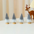 Set of four 10cm mini frosted cedar Christmas trees with natural wooden bases for decor - Silver & White Bi-color