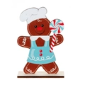 Weihnachtliche Lebkuchenmann Holzfigur mit blauer Schürze, Kochmütze und Lolli - Süßigkeiten Lebkuchenmann