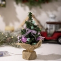 Mini artificial Christmas tree with purple glitter ornaments and burlap base with lights - Purple
