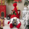 Gnome de Noël assis en peluche avec bonnet rouge tricoté et corps décoratif à carreaux - Rouge