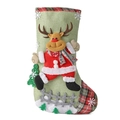 Green burlap Christmas stocking with reindeer figure and red black plaid trim - Large Reindeer
