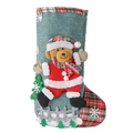 Teal burlap Christmas stocking with 3D teddy bear and red green plaid trim accents - Large Bear