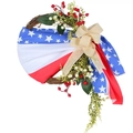 Patriotic July 4th door wreath with stars and stripes fabric, berries, and burlap bow - Dead Branch Fabric Wrapped Wreath