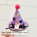 Detail of mini purple glitter witch hat headband with pumpkin and ghost decorations - Sequin Hat Hair Clip-Purple