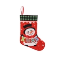 Red Christmas stocking with green plaid trim featuring a snowman and XMAS text decoration - Cute Snowman Pattern Style (Gewe Christmas Stocking 012)