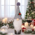 Grey knitted gnome wine bottle cover with a white beard and purple pom-pom for Christmas - Gray Style