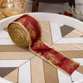 Nastro natalizio bordeaux con bordi glitterati dorati e motivo ad aghi di pino in rotolo - Rosso