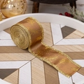 Nastro di raso marrone natalizio con bordi dorati glitterati e motivi di aghi di pino - Oro