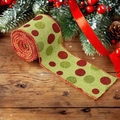 Green Christmas faux burlap ribbon with red and green glitter polka dots on wood - Polka Dot Ribbon 5 Yards Style A (Grass Green)