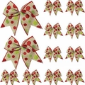 Lot de 12 nœuds de Noël en jute avec pois rouges et verts et bordure rouge cousue - Nœud à pois kaki