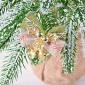 Christmas bow ornament in green and beige linen with Merry Christmas print and gold bells - Red Green With Gold Leaves Bell Bow