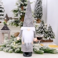 Grey Christmas gnome wine bottle cover with snowflake embroidery and wooden button decor - Grey Beard Style