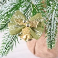 Green linen Merry Christmas bow ornament with gold bells on snowy pine branch - Green Base With Gold Leaves Bell Bow
