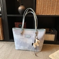 Minimalist large-capacity tote bag with pixel grid pattern and horse charm - Blue with Charm