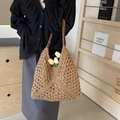 Sac de plage tressé ajouré marron avec anses en cuir et fleurs de tulipes à l'intérieur - Khaki