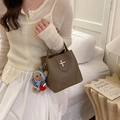 Brown lychee leather bucket bag with silver twist lock and cute teddy bear charm - Elephant Gray with Charm
