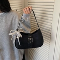 Black underarm bag with silver buckle and pearl bow charm, elegant crossbody style - With Pearl Lace Charm / Black