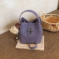 Purple bucket bag in matte leather with a cute white dog charm and silver metal buckle - Purple With Pendant