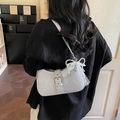 Silver metallic shoulder bag with silver buckle and delicate lace pearl bow charm - With Pearl Lace Charm / Grey Blue