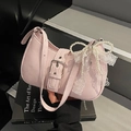 Pink Y2K shoulder bag with large pearl bow, lace trim and adjustable leather strap - With Pearl Lace Charm / Pink