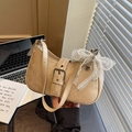 Chic beige faux leather underarm bag with lace bow and pearl chain detail - With Pearl Lace Charm / Khaki
