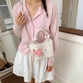Sac seau blanc avec motifs nœuds roses et charm ours en peluche style bandoulière - Beige Avec Charme