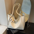 Off-white large capacity shoulder tote bag in pleated faux leather with pony charm - With Pendant / White