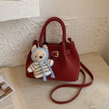 Deep red retro crossbody bucket bag with gold buckle and cute teddy bear charm - Red with Pendant