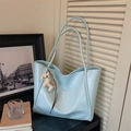 Light blue pleated leather tote bag with a horse pendant and long shoulder handles - With Pendant / Blue