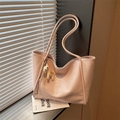 Peach pink large capacity shoulder tote bag with unique pleated texture and pony charm - With Pendant / Pink