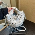 Beige hand-woven crochet crossbody bag with thick cotton rope and detachable strap - Off-white