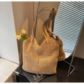 Handgeweven khaki strooien strandtas met lange kunstlederen riemen voor zomerse vakanties - Khaki