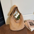 Bohemian beige knit bucket bag with radial pattern and comfortable wide shoulder strap - Khaki