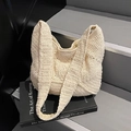 Large cream crochet knit bucket bag with woven shoulder strap for beach vacation - Off White