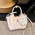Pink leather bucket handbag with ribbon handle and rabbit charm for women fashion - With Pendant / Pink
