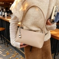Retro minimalist beige shoulder bag in smooth PU leather with silver bean pendant charm - Khaki with Pendant