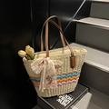 Sac de plage en paille avec rayures colorées, brides en cuir et nœud en dentelle rose - Blanc Cassé