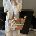 Sac cabas en paille avec rayures colorées et ruban en dentelle pour vacances d'été - Khaki