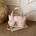 Chic bucket handbag with pink checkered pattern, red bow details and heart pendant - Pink Large