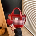 Mini red gingham crossbody bag with heart pendant and leather handles - Red Large