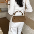 Brown leather crossbody square bag with gold star pendant and top handle for women - Khaki with Pendant