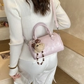 Pink faux leather Boston barrel bag with detachable shoulder strap and bear charm - Pink with Pendant