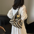 Handmade crochet straw tote bag with black and white checkerboard pattern and pearl chain - With Pearl Chain / Black