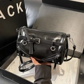 Black glossy bowling bag with silver zipper detail and adjustable shoulder strap - Black