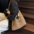 Handmade woven straw tote bag with elegant pearl and metal chain straps for beach holidays - With Pearl Chain / Khaki