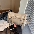 Chic cream white bowling shoulder bag with silver zipper detail and adjustable strap - Khaki