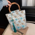 Sac à main brodé de style chinois avec poignées en bambou et motifs de vagues - Blanc Bleu