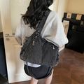 Retro charcoal grey washed denim tote bag with multiple zip pockets and wide shoulder strap - Black