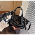 Chic black wave-textured tote bag with silver buckles and a cute plush bear charm - With Charm / Black
