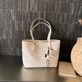Women's beige and brown geometric tote bag with horse charm for commuter shoulder carry - With Charm / Off White